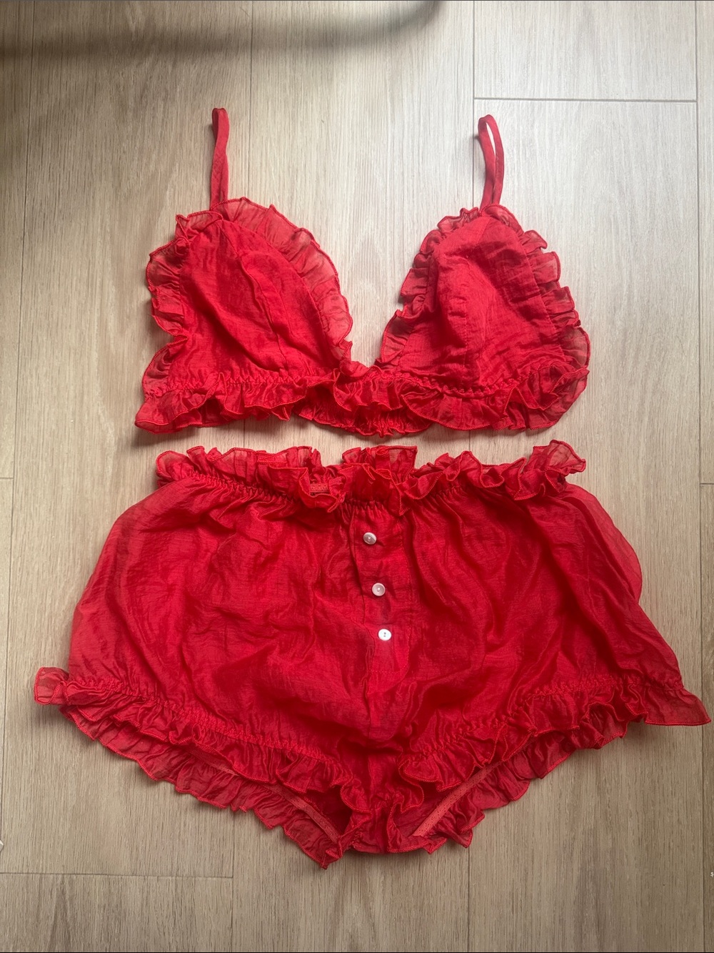 Red Ruffle Bralette & Short Sheer Sleep Set - Picture 1 of 4